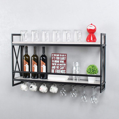 Rustic Wall Mounted Wine Racks With 8 Stem Glass Holder,36In Industrial Metal Hanging Wine Rack,2-Tiers Wood Shelf Floating Shelves,Home Room Living Room Kitchen Decor Display Rack,Retro White