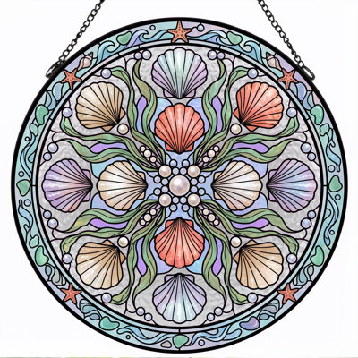 Seashell Mandala Stained Glass Window Panel，12"H