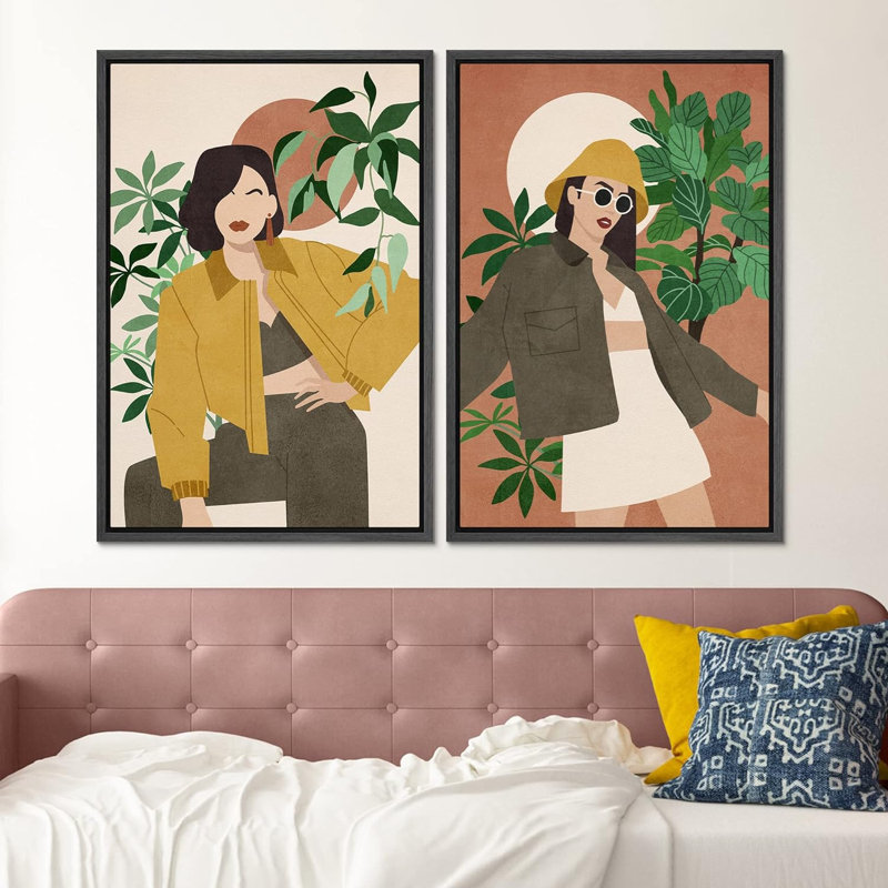 Élégant portrait de femme plante tropicale abstraite nature, œuvre d'art murale nordique Mid-Century moderne 2 pièces, Noir