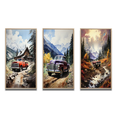 " Red Pickup Truck Mountain Retreat " 3 - Pieces
