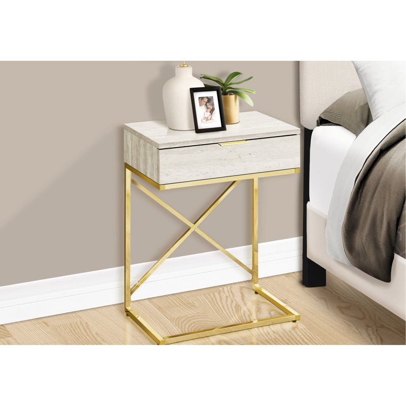 Table d'appoint en marbre beige avec piétement en métal doré et compartiment de rangement, meuble de salon contemporain, plateau spacieux, tiroir inclus