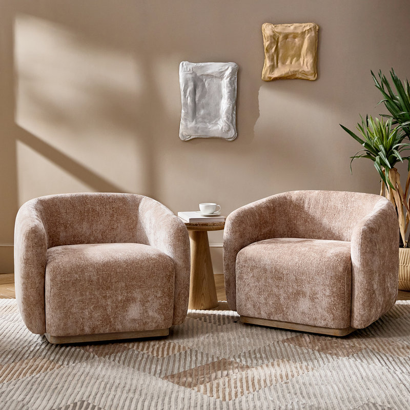 Berklie 35"W Modern Boucle Chenille Swivel Armchair with Solid Wood Base, Sand