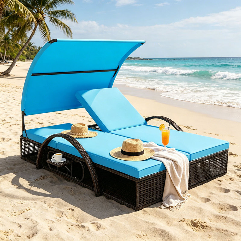 Outdoor Steel Frame Sun Lounger with Adjustable Backrest,Patio Double Sunbed with Hidden Side Table and Arched Armrests,Suitable for Patio Pool Deck,Garden,Backyard