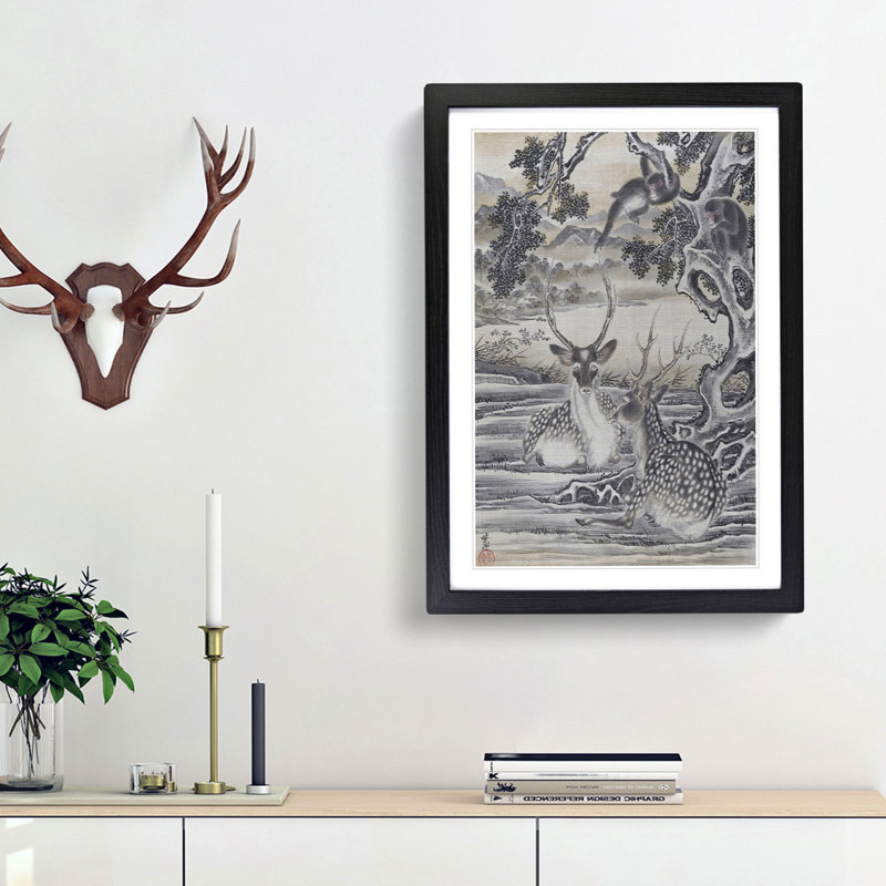 Deer Below the Monkeys by Kawanabe Kyosai - Picture Frame Painting Print, 65cm H x 48cm W x 2cm D, Black Framed