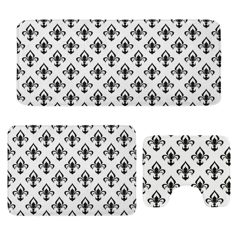 Ensemble de tapis pour salle de bain 3 pièces Fleur De Lis noir et blanc