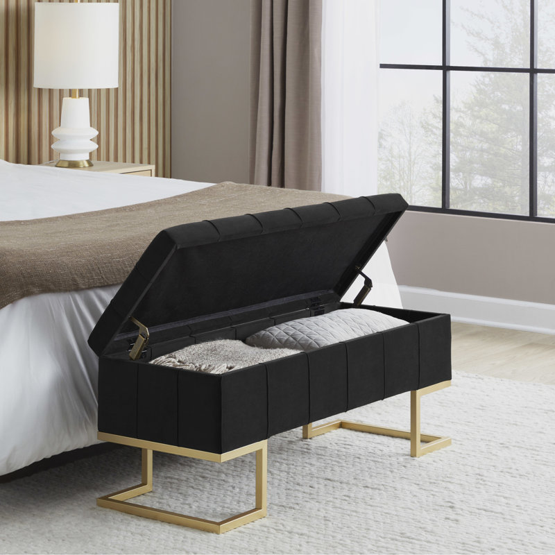 Gold Metal And Black Velvet Storage Bench Featuring Contemporary/ Aesthetic, Button- Upholstery, Flip-Top Lid, Seats Two, 500 Lbs Capacity, Indoor Use, Assembly Needed With Design, Two Comfortably,