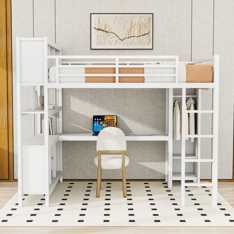 Lit mezzanine double en métal avec bureau en L, armoire et tablettes, Blanc