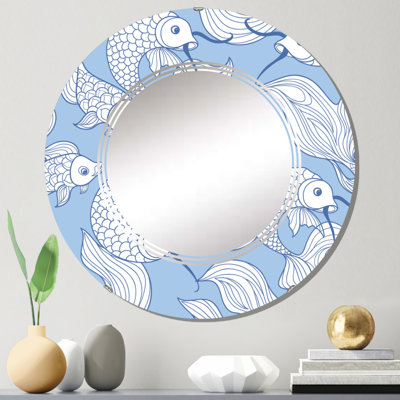 Poisson blanc abstrait sur fond bleu - miroir mural nautique et côtier rond