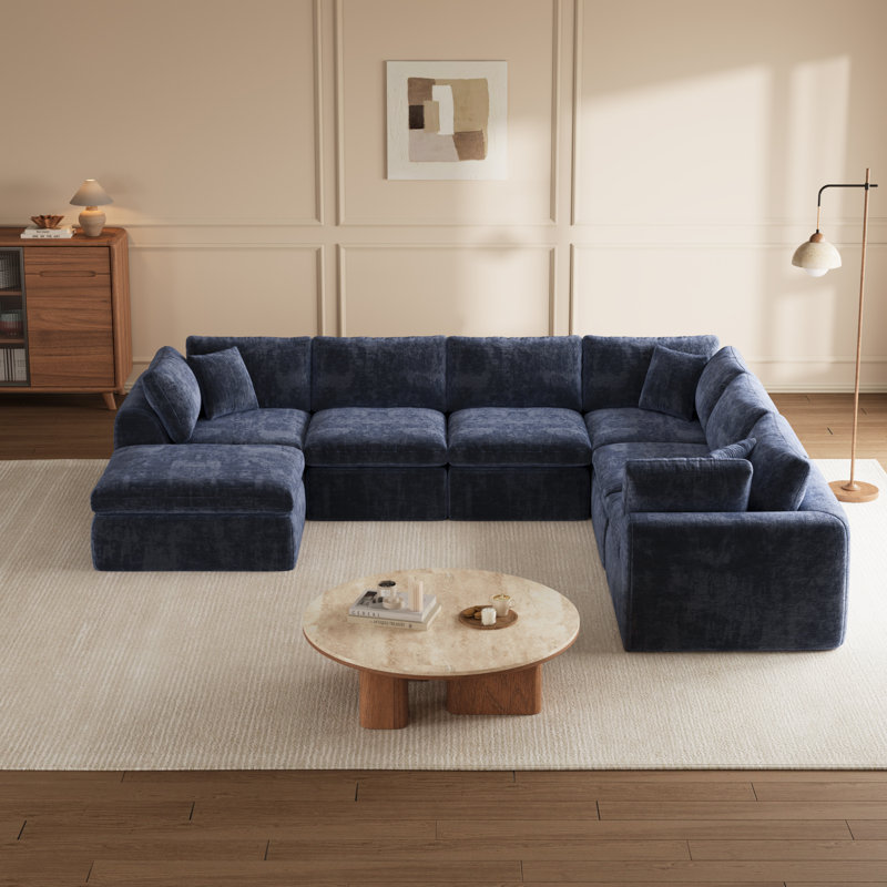 Canapé modulaire 7 places avec repose-pieds Boneless, Marine