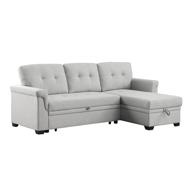 Hunter 84" Light Gray Linen Reversible Sleeper Sectional Sofa With Storage Chaise, Right Hand Facing, Light Gray Linen