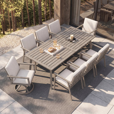 Ensemble de salle à manger 9 pièces pour 8 personnes, ensemble de salle à manger en aluminium avec trou pour parasol 2,2 po, ensemble de meubles de jardin toutes saisons avec 2 chaises pivotantes pour terrasse, jardin, cour arrière, chêne chaulé