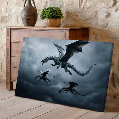 Canvas A Dramatic Scene Featuring Three Majestic Dragons Soaring Through A Wall Art Stormy Sky Their Wings Outstretched Against A Canvas Wall Art