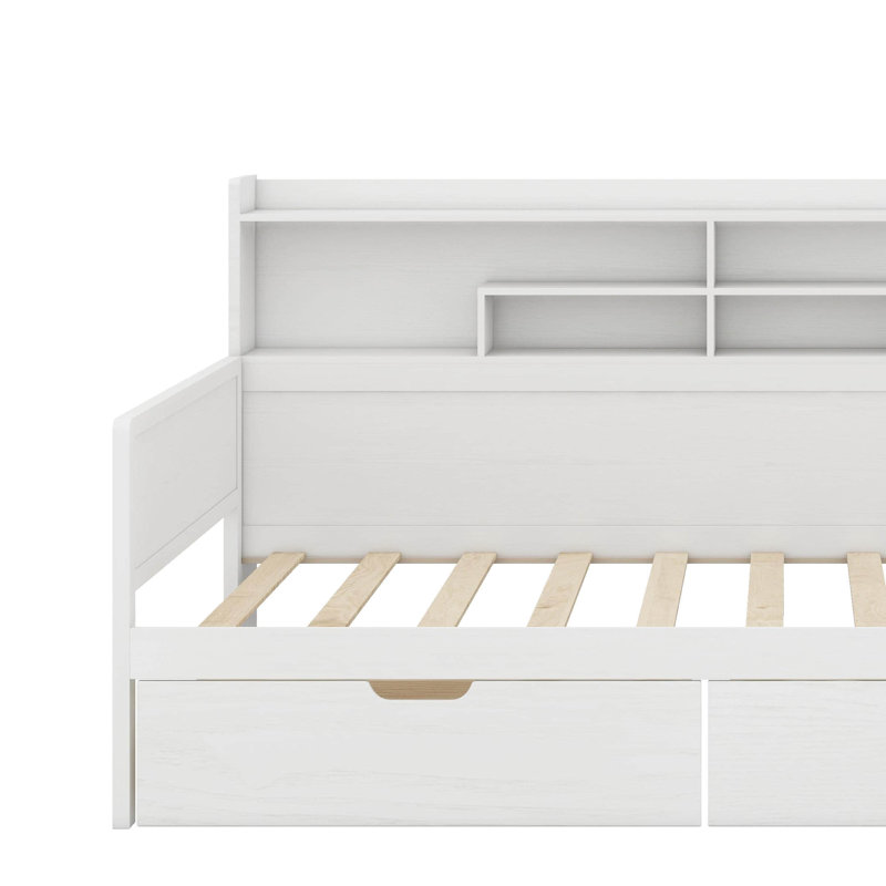 Lit de jour simple avec tablettes de rangement, deux tiroirs de rangement et bureau d'étude, Blanc antique