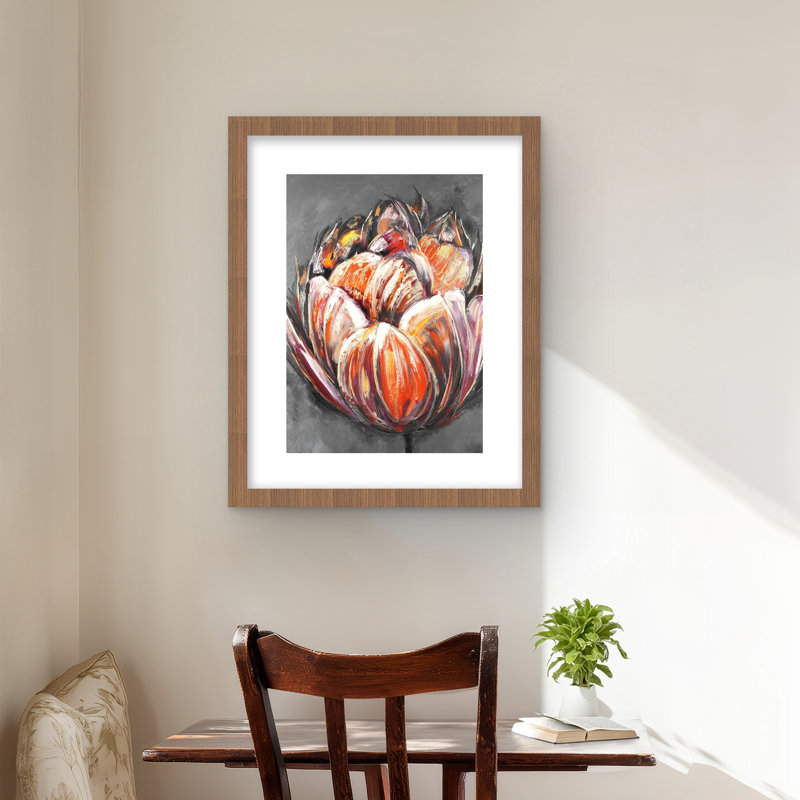 Double et abstrait tulipe orange - impression encadrée avec passe-partout, Brun, H 20 po x l 16 po