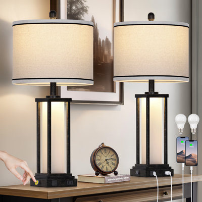27” Tall Vintage USB Table Lamp Set with Nightlight, Bulb Included