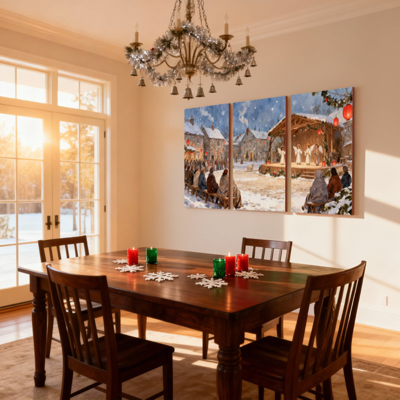 Ensemble de 3 reproductions d'art sur toile, crèche de Noël avec chutes de neige, H 30 po x l 60 po