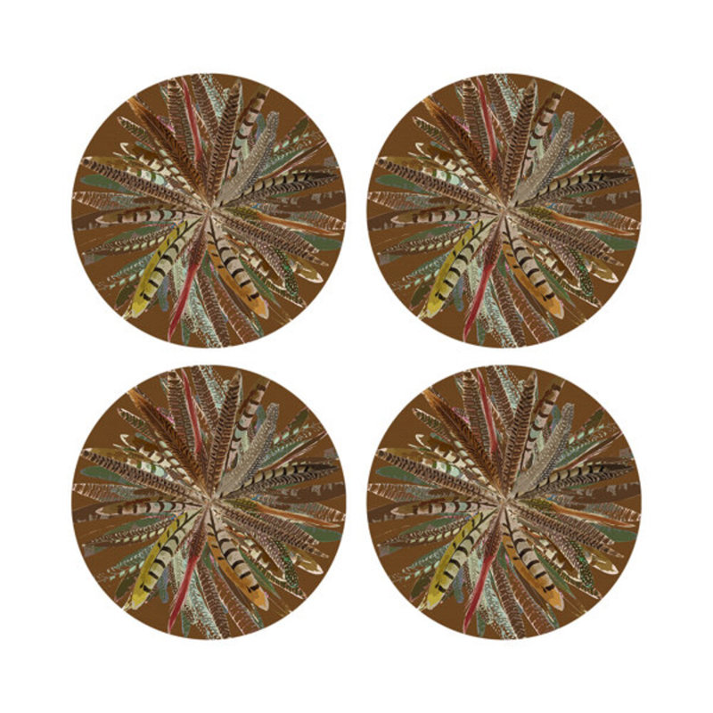 Pheasant Feathers Vegan Leather Round Pebble Placemat, Brown