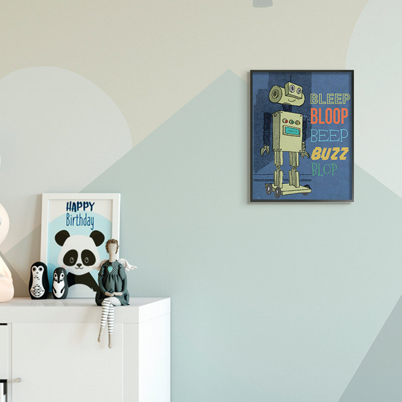 Dessin de robot Ridge Ridge Beep Bloop, Giclée encadrée noir minuit, H 14 po x l 11 po