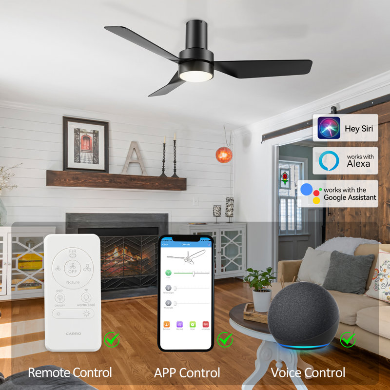 44" Flush Mount Smart Ceiling Fan with Light, Black