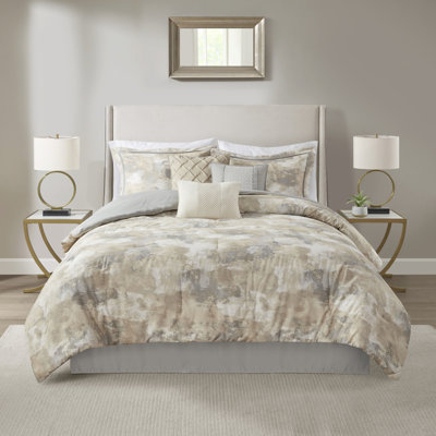 Édredon de luxe très grand - Tissage texturé gris, taupe, crème 2 coussins décoratifs gris 1 jupe de lit incluse