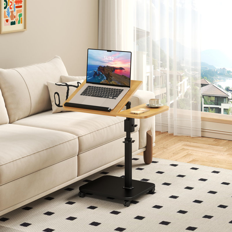 58 x 30 x 80 cm C-Shaped Sofa Side Table with Flip-Top and Adjustable Height, Iron Frame and Engineered Wood Laptop Table on 360-Degree Swivel Castors for Living Room and Bedroom, Light Wood