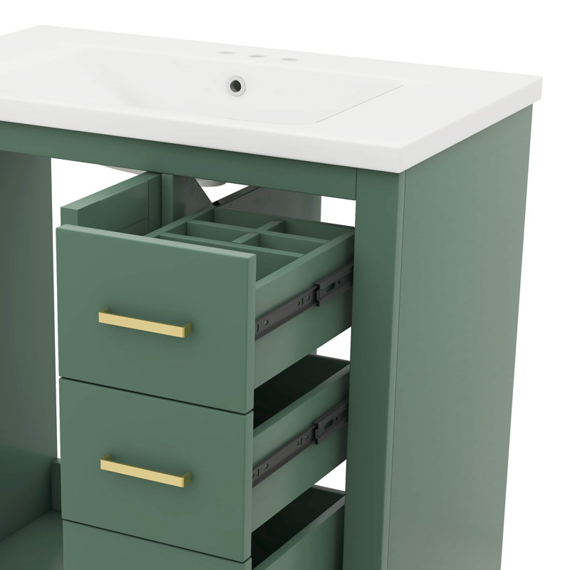 Ensemble de meuble-lavabo de 30 po avec lavabo en céramique, 3 tiroirs et portes à fermeture en douceur inclus, Vert, Doré