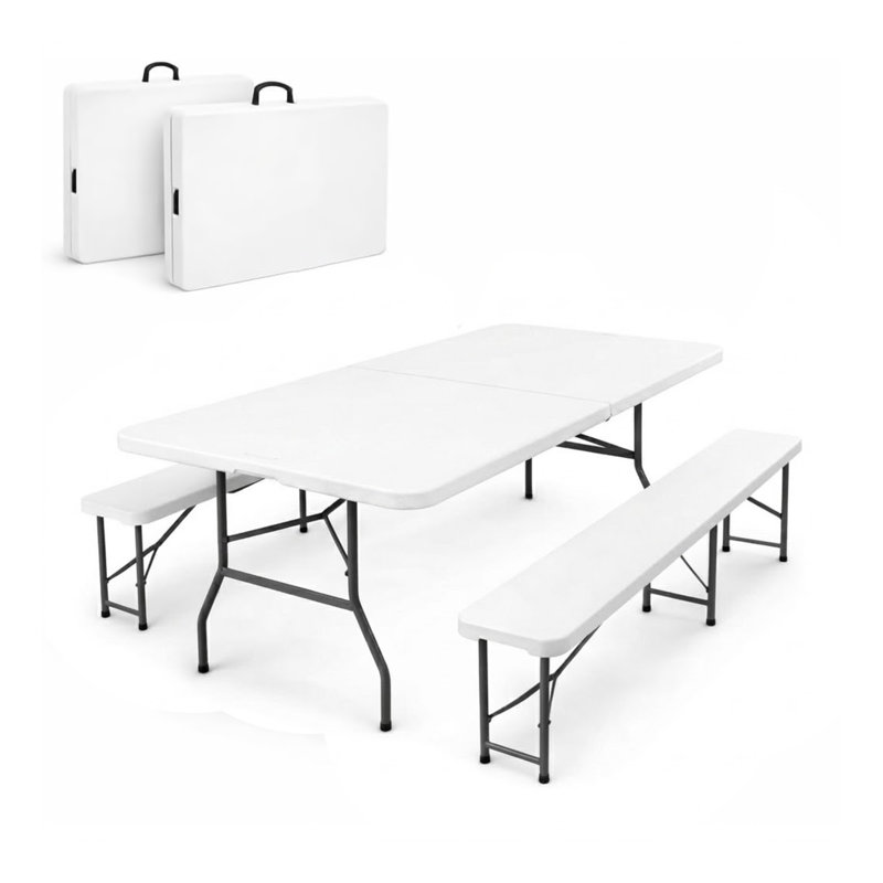 Ensemble de table de pique-nique pliable Simpli-Magic de 6 pi avec 2 bancs, table en plastique portative robuste d'une capacité de 300 lb, ensemble intérieur / extérieur avec poignée de transport et pieds verrouillables pour les fêtes, le camping, les pique-niques et les événements, blanc