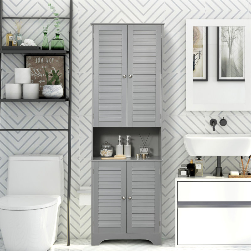 Tall Narrow Bathroom Storage Cabinet With Doors And Shelf Adjustability, Freestanding Bathroom Linen Cabinet With 2 Cabinets And Countertop, Bathroom Floor Cabinet