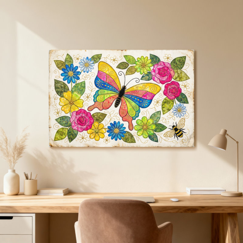 Motif floral animaux avec abeille, H 12 po x l 18 po, Toile tendue, Ne s’applique pas
