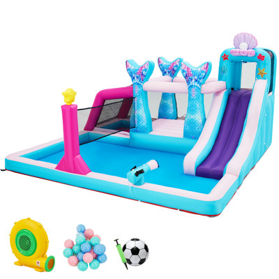 7-in-1 Inflatable Water Slide, 12 X 12 Ft Outdoor Bounce House Equipped With Blower, Mermaid Style