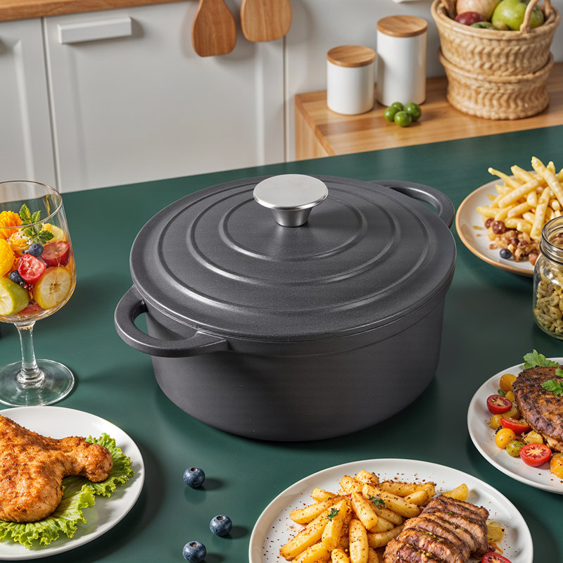 Belfry Kitchen Cast Iron Round Dutch Oven, 20cm, Black, 2L