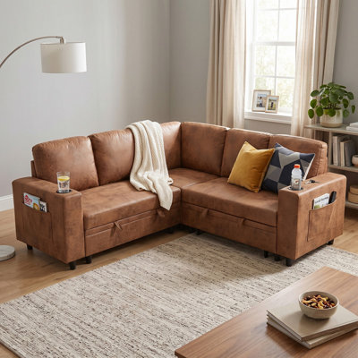 76" Nubby Textured L-Shape Sleeper Sectional with Hidden Storage, Cup Holders & Side Pockets