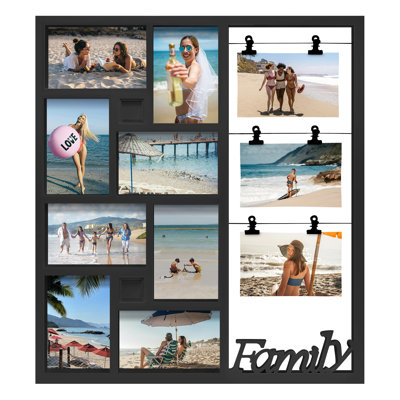 11 Opening Vertical Family Collage Frame, Mixed 4x6 & 5x7 Multi Size Photo Wall Gallery with Cutout FAMILY Letter Decor,  Black Finish