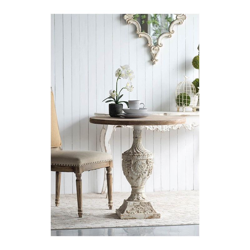 Table d'appoint ronde blanche et grise antique avec plateau en bois de sapin et détails en médaillon
