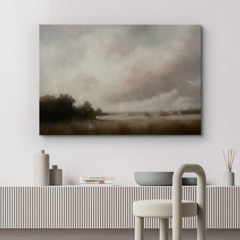 «Foggy Field Landscape», reproduction d'art sur toile - décor de scène de nature neutre pour maison de campagne ou vestibule