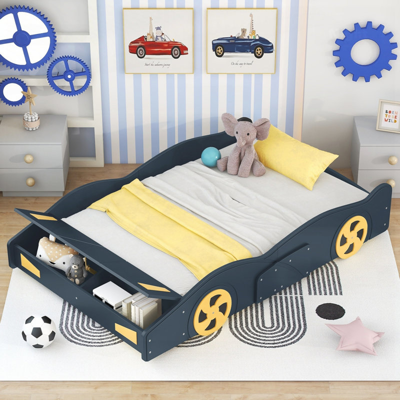 Race Car-Shaped Platform Bed With Wheels And Storage, Dark Blue, Full
