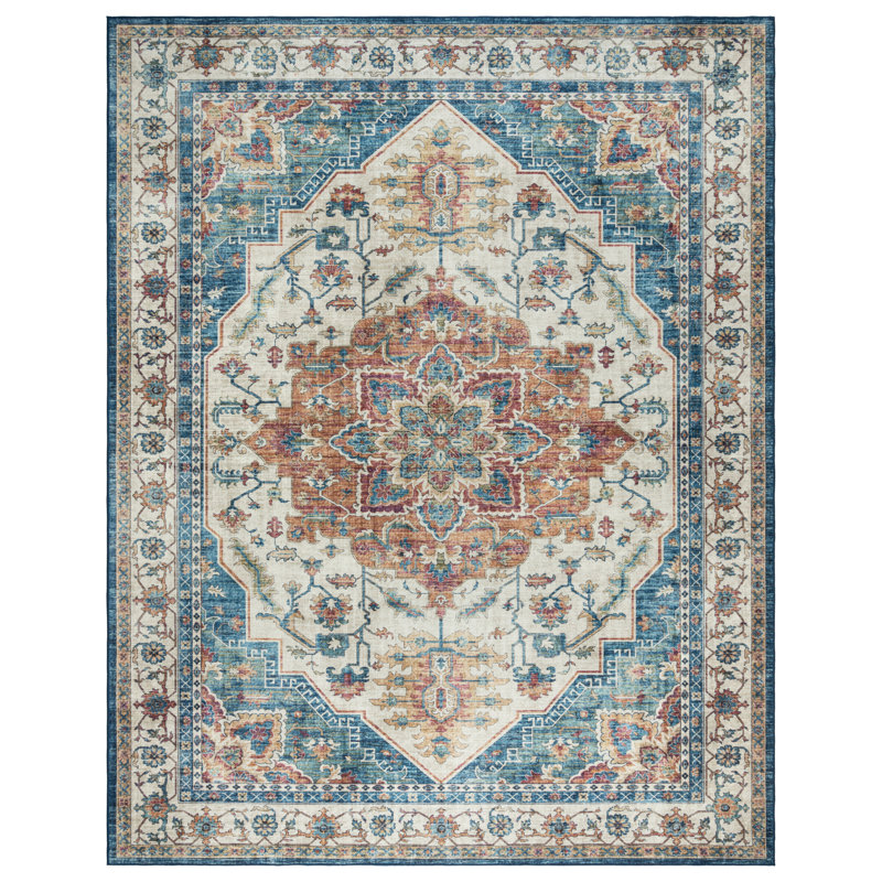Tapis intérieur bleu et rouge Samira Tiefi, Rectangle 8 pi 9 po x 13 pi 1 po