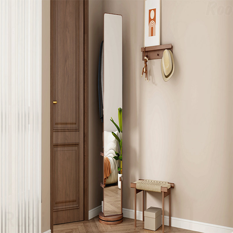 69"X16" 360掳 Rotating Solid Wood Full-Length Accent Mirror - Hook Storage Rack Coat Rack, 68.8" x 19.69", Brown