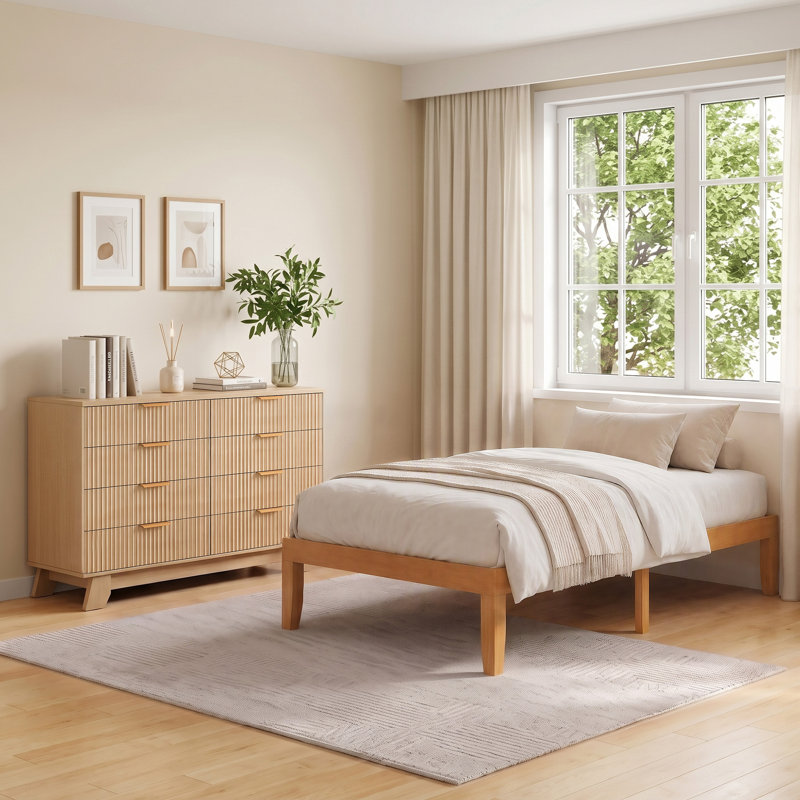 Lit plateforme en bois massif avec commode cannelée à 8 tiroirs en bois, 16", Twin, 8