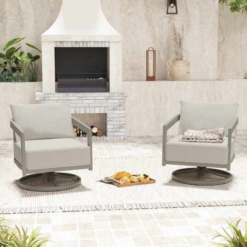 Heitzman 2-Piece Aluminum Outdoor Patio Swivel Chair With Gray Cushions