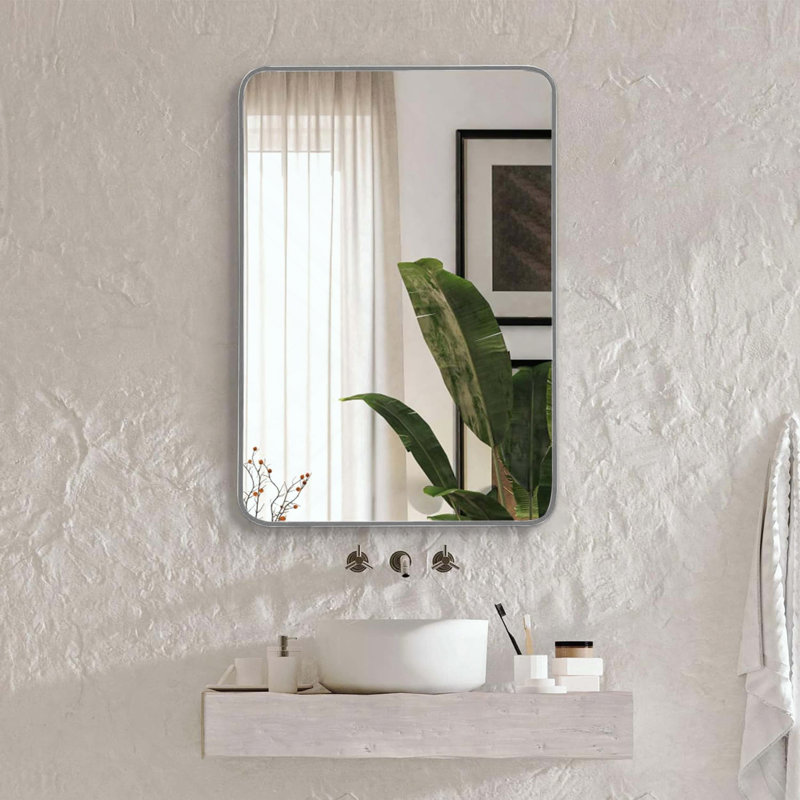 Rectangular Metal Framed Bathroom Mirror, Silver, Rectangle, 30" x 22"