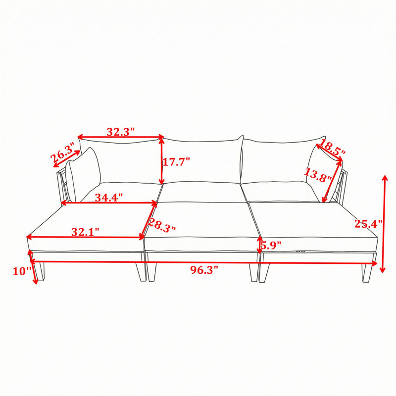 Ensemble de canapé modulaire d'extérieur en bois 6 pièces avec 3 repose-pieds, 6 coussins et 5 coussins