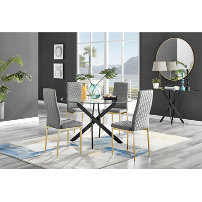 Tierra Sleek Metal and Glass 4 Seat Round Dining Table Set with 4 Luxury Faux Leather Dining Chairs