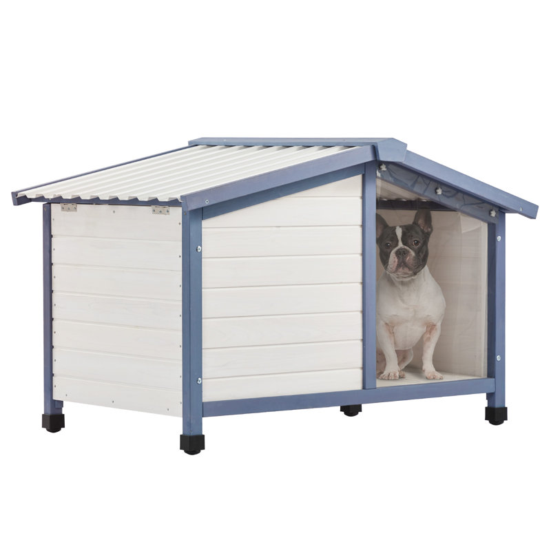  Petite niche pour chien, niche pour toit en PVC imperméable pour petits chiens de 33 po, petite maisonnette avec repose-pieds réglable et rabat de porte, blanc