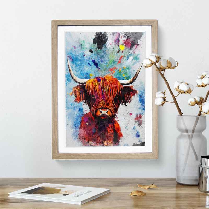 Highland Cow Splash No.1 - Single Picture Frame Painting, 64cm H x 46cm W x 2cm D, Oak