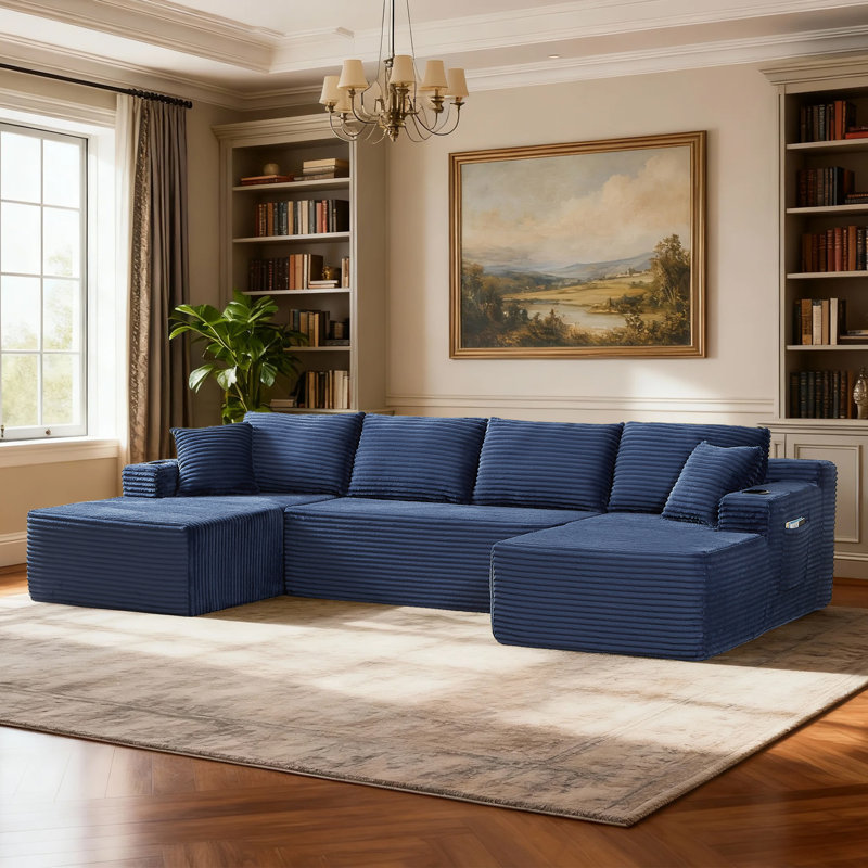 Ensemble de canapé modulaire en forme de U 133 po Minimalist, Velours côtelé bleu