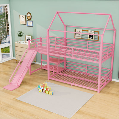 Metal House Bunk Bed with Slide and Storage Stairs