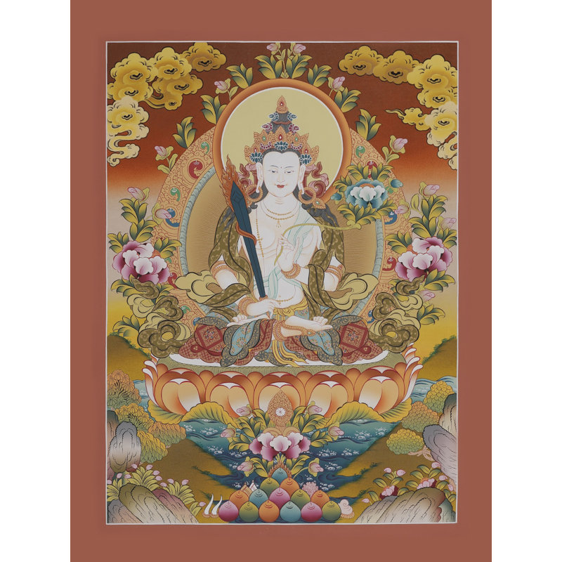 Akash Garv Thangka, art mural - Bodhisattva bouddhiste tibétain peint à la main, toile sans brocart avec peinture or 24 carats et acrylique, non encadrée, 27,2 po x 20,1 po - méditation Mindful