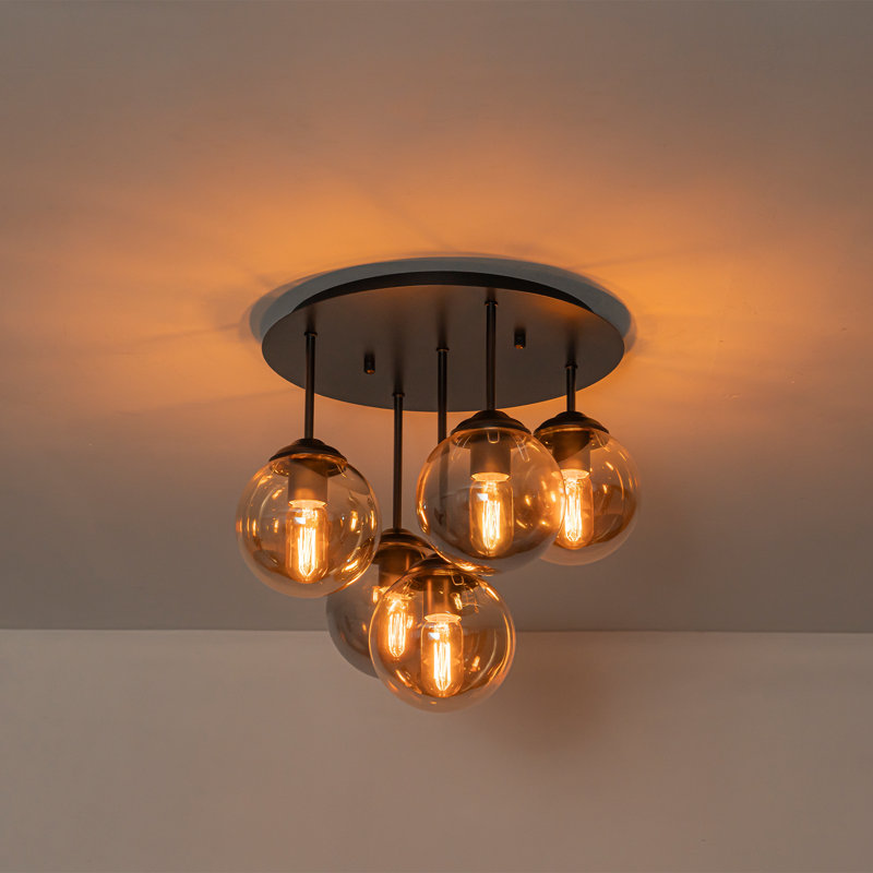 Plafonnier semi-encastré 5 lumières, luminaire semi-encastré industriel moderne avec cadre noir mat, abat-jour en verre ambre et gris fumé, 5 douilles E26, largeur 17,3 po