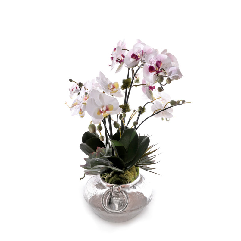 White/Mauve Faux Orchid Flower Arrangement Center Piece in Metal bowl